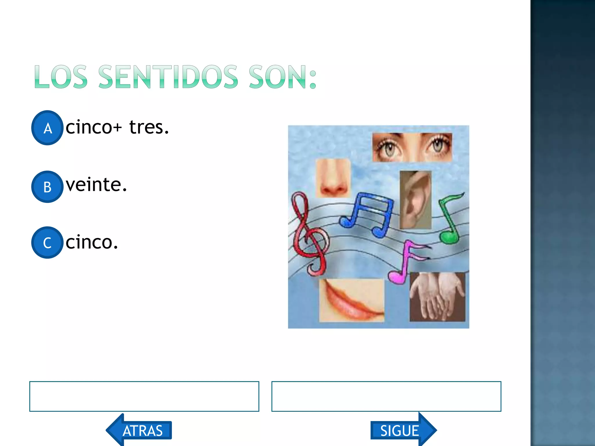 los sentidos SON: cinco+ tres. veinte. cinco.A B C ATRASSIGUE