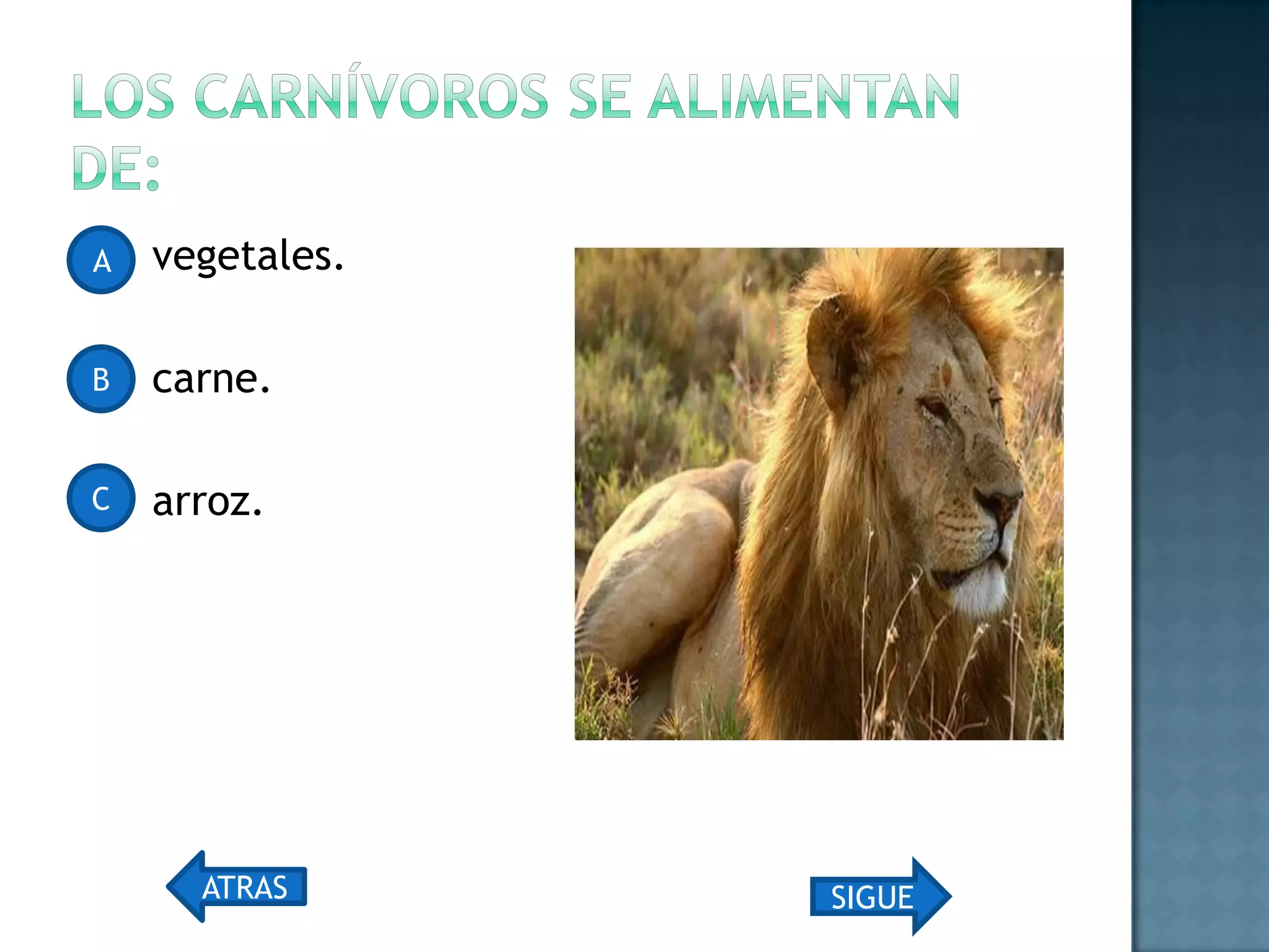 Los carnívoros se alimentan de: vegetales. carne. arroz.A B C ATRASSIGUE