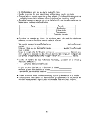• Si el Sol acaba de salir, por qué punto cardinal lo hace.
• Escribe el nombre del o de los animales autóctonos de nuestra provincia.
• Observa la joven que se encuentra en éste paisaje ¿En qué posición se encuentra
  y qué estructuras relacionadas con el movimiento se han puesto en juego?
• Completa los cuadros vacíos mencionando la función que cumplen cada una de
  las partes de cualquiera de los árboles:

                  Parte                              Función
                                                   Conducción
                                                   Fotosíntesis
                                                  Reproducción
                                                Absorción y sostén

• Completa los espacios en blanco del siguiente texto, colocando las siguientes
  palabras: constante, lumínica, energía, radiante y forma:

 “La energía que proviene del Sol se llama ________________ y se transforma en
 energía_______________.
 Esto nos indica que las distintas formas de _____________ pueden transformarse
 unas en otras.
 Luego la energía total del Universo permanece ________________. Es decir que,
 si en un proceso aparece una determinada cantidad de energía, en cualquiera de
 sus formas, otra cantidad igual ha desaparecido en otra ____________ distinta.

• Escribe el nombre de tres materiales naturales;¿ aparecen en el dibujo y
  materiales artificiales?.
•        Completa las siguientes frases:

 El agua en un río y en la lluvia se encuentra al estado _____________
 Mientras, que en las nubes está al estado ______________________.
 Y en la nieve, se encuentra al estado __________________________.

• Escribe el nombre de los factores abióticos y bióticos que observas en el paisaje.
• En la siguiente lista subraya las adaptaciones que pertenezcan a las plantas del
  desierto: Hojas grandes; espinas; raíz desarrollada, hoja chica; raíz pequeña.




                                      19
 