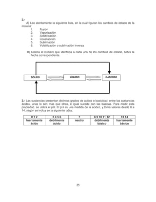 2.-
   A) Lee atentamente la siguiente lista, en la cuál figuran los cambios de estado de la
materia:
       1.    Fusión
       2.    Vaporización
       3.    Solidificación
       4.    Licuefacción
       5.    Sublimación
       6.    Volatilización o sublimación inversa

      B) Coloca el número que identifica a cada uno de los cambios de estado, sobre la
         flecha correspondiente.




         SÓLIDO                       LÍQUIDO                     GASEOSO




3.- Las sustancias presentan distintos grados de acidez o basicidad: entre las sustancias
ácidas, unas lo son más que otras, e igual sucede con las básicas. Para medir esta
propiedad, se utiliza el pH. El pH es una medida de la acidez, y toma valores desde 0 a
14, según se indica en la siguiente tabla:

          012           3456                7            8 9 10 11 12         13 14
      fuertemente     débilmente          neutro         débilmente       fuertemente
         ácido          ácido                               básico           básico




                                           25
 