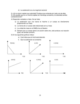 d) La aceleración es una magnitud vectorial

 2) ¿Es lo mismo rapidez que velocidad? Explique que entiende por cada una de ellas.
 3) ¿Es posible que en un móvil la rapidez se mantenga constante y la velocidad cambie
 constantemente?
 4) Responder verdadero o falso. De ser falso
         a) La aceleración que una fuerza le imprime a un cuerpo es directamente
            proporcional a su masa
         b) La inercia de un cuerpo está relacionada con su masa
         c) La unidad de masa en el SIMELA es el Newton
         d) Siempre que un cuerpo ejerce una acción sobre otro, este produce una reacción
            igual y de sentido contrario.
 5) En los siguientes gráficos indicar:
             e) Cuál indica que el móvil está detenido
             f)   Que la aceleración es constante

V(m/s)                                    e (m)                        v (m/s)




                     t (s)                             t (s)                     t (s)

 v(m/s)                                     v (m/s)                     e (m)




                   t(s)                                        t (s)              t(s)




                                                  28
 