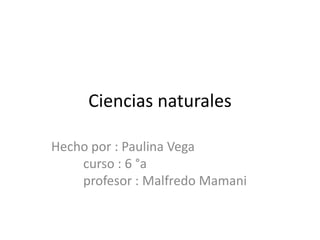 Ciencias naturales

Hecho por : Paulina Vega
    curso : 6 °a
    profesor : Malfredo Mamani
 