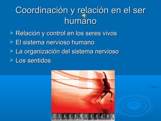 Coordinación y relación en el ser
               humano
   Relación y control en los seres vivos
   El sistema nervioso humano
   La organización del sistema nervioso
   Los sentidos
 