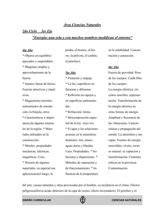 Área Ciencias Naturales
2do Ciclo       3er Eje
          "Energía: una sola y con muchos nombres modifican el entorno"


4to Año                            piedra, el bronce, el hie-         en la solubilidad. Concen-
* Objetos en equilibrio:           rro, la pólvora, el carbón,        tración y saturación.
apoyados y suspendidos.            el petróleo).
* Maquinas simples y                                                  6to Año
aprovechamiento de la              5to Año                            Fuerza de gravedad. Peso
fuerza.                            * Flotación y empuje.              de los cuerpos. Caída libre
* Imanes: líneas de fuerza.        * La luz: superficies re-          de los cuerpos.
Fuerzas atractivas y repul-        flectoras y difusoras.             La energía eléctrica: cir-
sivas.                             * Reflexión en espejos y           cuitos sencillos, represen-
* Magnetismo terrestre:            en superficies pulimenta-          tación. Transformación de
instrumentos de orienta-           das.                               la energía eléctrica en
ción, la brújula, otros.           * Refracción: lentes.              otras formas de energía.
* Características e impor-         * Descomposición espec-            Amplitud y frecuencia de
tancia de algunos minera-          tral de la luz. Arco iris.         las vibraciones. Caracte-
les de la región. * Mate-          * El agua y las soluciones         rísticas y propagación del
riales utilizados en la            acuosas en la naturaleza:          sonido. La atmósfera y sus
construcción.                      deshielos, ríos, mares,            capas. Fuentes de energía
* Metales: propiedades             aguas duras y blandas.             renovables: el aire, recur-
mecánicas, eléctricas,             Usos. Propiedades. * So-           so natural: su captacion y
magnéticas. Usos.                  luciones y dispersiones. *         transformación. Centrales
* Historia de algunos              Métodos de separación y            eólicas en la provincia.
materiales: en especial sus        de fraccionamiento. * In-          Contaminación
aplicaciones(el fuego, la          fluencia de la temperatura


del aire: causas naturales y otras provocadas por el hombre, su incidencia en el clima. Efectos
peligrosos(lluvia ácida, deterioro de la capa de ozono, efecto invernadero). El petróleo y el

DISEÑO CURRICULAR                                                       CIENCIAS NATURALES
 