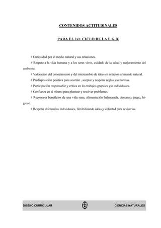 CONTENIDOS ACTITUDINALES


                          PARA EL 1er. CICLO DE LA E.G.B.



     # Curiosidad por el medio natural y sus relaciones.
     # Respeto a la vida humana y a los seres vivos, cuidado de la salud y mejoramiento del
ambiente.
     # Valoración del conocimiento y del intercambio de ideas en relación al mundo natural.
     # Predisposición positiva para acordar , aceptar y respetar reglas y/o normas.
     # Participación responsable y crítica en los trabajos grupales y/o individuales.
     # Confianza en sí mismo para plantear y resolver problemas.
     # Reconocer beneficios de una vida sana, alimentación balanceada, descanso, juego, hi-
giene.
     # Respetar diferencias individuales, flexibilizando ideas y voluntad para revisarlas.




DISEÑO CURRICULAR                                                       CIENCIAS NATURALES
 