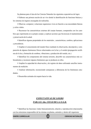 Se plantean para el área de las Ciencias Naturales las siguientes expectativas de logro:
      # Elaborar una primera noción de ser vivo desde la identificación de funciones básicas y
los sistemas de órganos encargadas de realizarlas.
      # Observar, comparar y relacionar organismos vivos en función a sus necesidades básicas
y ciclos vitales.
      # Reconocer las características externas del cuerpo humano, compararlas con los cam-
bios que experimenta en su propio cuerpo y explicar acciones que favorezcan el mantenimiento
y preservación de la salud.
      # Identificar algunas propiedades de los materiales , características, cambios, aplicaciones
y procedencia.
      # Ampliar el conocimiento del mundo físico mediante la observación, descripción y com-
paración de algunos fenómenos físicos relacionados con la luz y el sonido (propagación rectilí-
nea de la luz y formación de sombras, vibraciones y producción del sonido, etc.)
      # Identificar los componentes del sistema terrestre, describir sus características más so-
bresalientes y reconocer algunos fenómenos que se producen en ellos.
      # Ampliar la capacidad de observación y de registro de datos utilizando sencillos instru-
mentos de medición.
      # Analizar información, reconociendo semejanzas y diferencias de los fenómenos estu-
diados.
      # Desarrollar actitudes de respeto hacia la vida.




                                 EXPECTATIVAS DE LOGRO
                              PARA EL 2do. CICLO DE LA E.G.B.


      * Identificar las funciones vitales básicas(nutrición, relación y reproducción) relacionarlas
con las estructuras responsables de las mismas en plantas, animales y dentro del organismo

DISEÑO CURRICULAR                                                        CIENCIAS NATURALES
 