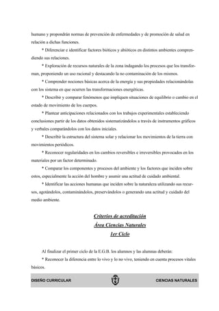 humano y propondrán normas de prevención de enfermedades y de promoción de salud en
relación a dichas funciones.
      * Diferenciar e identificar factores bióticos y abióticos en distintos ambientes compren-
diendo sus relaciones.
      * Exploración de recursos naturales de la zona indagando los procesos que los transfor-
man, proponiendo un uso racional y destacando la no contaminación de los mismos.
      * Comprender nociones básicas acerca de la energía y sus propiedades relacionándolas
con los sistema en que ocurren las transformaciones energéticas.
      * Describir y comparar fenómenos que impliquen situaciones de equilibrio o cambio en el
estado de movimiento de los cuerpos.
      * Plantear anticipaciones relacionados con los trabajos experimentales estableciendo
conclusiones partir de los datos obtenidos sistematizándolos a través de instrumentos gráficos
y verbales comparándolos con los datos iniciales.
      * Describir la estructura del sistema solar y relacionar los movimientos de la tierra con
movimientos periódicos.
      * Reconocer regularidades en los cambios reversibles e irreversibles provocados en los
materiales por un factor determinado.
      * Comparar los componentes y procesos del ambiente y los factores que inciden sobre
estos, especialmente la acción del hombre y asumir una actitud de cuidado ambiental.
      * Identificar las acciones humanas que inciden sobre la naturaleza utilizando sus recur-
sos, agotándolos, contaminándolos, preservándolos o generando una actitud y cuidado del
medio ambiente.


                                    Criterios de acreditación
                                    Área Ciencias Naturales
                                              1er Ciclo


      Al finalizar el primer ciclo de la E.G.B. los alumnos y las alumnas deberán:
      * Reconocer la diferencia entre lo vivo y lo no vivo, teniendo en cuenta procesos vitales
básicos.

DISEÑO CURRICULAR                                                        CIENCIAS NATURALES
 