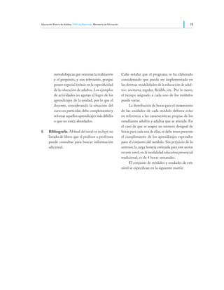 Educación Básica de Adultos Ciencias Naturales Ministerio de Educación                                                    15




           metodológicas que orientan la realización                     Cabe señalar que el programa se ha elaborado
           y el propósito, y son relevantes, porque                      considerando que pueda ser implementado en
           ponen especial énfasis en la especificidad                    las diversas modalidades de la educación de adul-
           de la educación de adultos. Los ejemplos                      tos: nocturna regular, flexible, etc. Por lo tanto,
           de actividades no agotan el logro de los                      el tiempo asignado a cada uno de los módulos
           aprendizajes de la unidad, por lo que el                      puede variar.
           docente, considerando la situación del                        	     La distribución de horas para el tratamiento
           curso en particular, debe complementar y                      de las unidades de cada módulo debiera estar
           reforzar aquellos aprendizajes más débiles                    en referencia a las características propias de los
           o que no estén abordados.                                     estudiantes adultos y adultas que se atiende. En
                                                                         el caso de que se asigne un número desigual de
f.	   Bibliografía. Al final del nivel se incluye un                     horas para cada una de ellas, se debe tener presente
      listado de libros que el profesor o profesora                      el cumplimiento de los aprendizajes esperados
      puede consultar para buscar información                            para el conjunto del módulo. Sin perjuicio de lo
      adicional.                                                         anterior, la carga horaria estimada para este sector
                                                                         en este nivel, en la modalidad educativa presencial
                                                                         tradicional, es de 4 horas semanales.
                                                                         	     El conjunto de módulos y unidades de este
                                                                         nivel se especifican en la siguiente matriz:
 