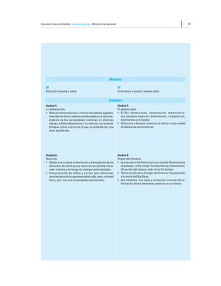 Educación Básica de Adultos Ciencias Naturales Ministerio de Educación                                                                   17




                                                                Módulos

    III                                                                  IV
    Nutrición humana y salud.                                            El Universo y nuestro sistema solar.


                                                               Unidades
    Unidad 1:                                                            Unidad 1:
    La alimentación.                                                     El sistema solar.
    •	 Relación entre estructura y función del sistema digestivo.        •	 El Sol: dimensiones, composición, temperatura.
       Interrelación de los sistemas involucrados en la nutrición.          Los planetas mayores: dimensiones, composición,
       Análisis de las necesidades nutritivas en distintas                  movimientos principales.
       edades, hábitos alimenticios y su relación con la salud.          •	 Distancias y tiempos cósmicos: el año luz como unidad
       Enfoque crítico acerca de lo que se entiende por una                 de distancias astronómicas.
       dieta equilibrada.




    Unidad 2:                                                            Unidad 2:
    Nutrición.                                                           Origen del Universo.
    •	 Debate acerca de la conservación y manipulación de los            •	 La estructura del Universo en gran escala: Diversos tipos
       alimentos, de modo que se reduzcan las pérdidas de su                de galaxias. La Vía Láctea. Características y dimensiones.
       valor nutritivo y el riesgo de contraer enfermedades.                Ubicación del sistema solar en la Vía Láctea.
    •	 Interpretación de tablas y curvas que relacionan                  •	 Teoría actual sobre el origen del Universo: Su expansión
       características de las personas (edad, talla, peso, actividad        y la teoría del Big Bang.
       física, etc.) con sus necesidades nutricionales.                  •	 Las estrellas, sus tipos y evolución característica.
                                                                            Formación de los elementos químicos en su interior.
 