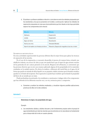 36                                                      Educación Básica de Adultos Ciencias Naturales Ministerio de Educación




              d.	 El profesor o profesora establece relación o coincidencia entre los métodos propuestos por
                 los estudiantes y los que se presentan en la tabla a continuación. Aplican los métodos de
                 separación propuestos en caso que el procedimiento que han ideado no les haya permitido
                 separar los componentes de la mezcla.


                  Mezcla                                      Método

                  Salmuera                                    Evaporación

                  Jarabe                                      Evaporación

                  Agua con tierra                             Decantación

                  Harina con arroz                            Tamizado (filtrado)

                  Aserrín de madera con limadura de fierro    Flotación y Separación magnética (uso de un imán)




Sugerencias metodológicas
En estas actividades experimentales las personas deberán idear la mejor forma para aplicar las técnicas
de separación de las mezclas.
	     En el caso de la evaporación, es necesario desarrollar el proceso de manera lenta, evitando una
ebullición violenta, con exceso de calor, ya que esto puede hacer que el vapor de agua arrastre muchas
de las partículas de sal o azúcar presentes en la mezcla. Respecto de la flotación, es conveniente que
las personas observen que en este caso estamos aplicando algunas de las propiedades de los materiales
estudiadas en la unidad anterior. En efecto, la madera, a diferencia del metal flota en el agua, de tal
forma que puede ser retirada de dicho líquido con un pequeño colador, mientras que la limadura metálica
quedará en el fondo del recipiente. Esta separación se puede hacer también aprovechando la propiedad
del fierro de ser atraído por un imán.
	     Puede profundizar, incentivando a los estudiantes a cuestionarse e indagar sobre si los componentes
que han obtenido de las diferentes mezclas son, a su vez, sustancias puras o compuestas.


              e.	 Comentan y evalúan los métodos empleados, y visualizan algunas posibles aplicaciones
                 prácticas de ellos en la vida cotidiana.



Actividad 3


              Determinan el origen y las propiedades del agua.


              Ejemplo

              a.	 Los estudiantes adultos y adultas discuten y dan fundamentos propios sobre el porqué el
                 agua (entendiendo por ésta las mezclas que encontramos en la naturaleza) es fundamental
                 para el desarrollo de la vida en nuestro planeta.
 