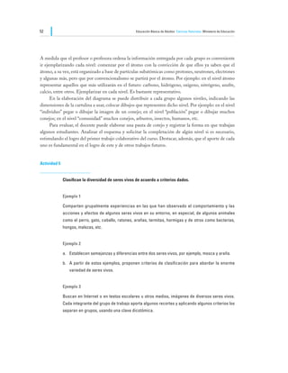 52                                                    Educación Básica de Adultos Ciencias Naturales Ministerio de Educación




A medida que el profesor o profesora ordena la información entregada por cada grupo es conveniente
ir ejemplarizando cada nivel: comenzar por el átomo con la convicción de que ellos ya saben que el
átomo, a su vez, está organizado a base de partículas subatómicas como protones, neutrones, electrones
y algunas más, pero que por convencionalismo se partirá por el átomo. Por ejemplo: en el nivel átomo
representar aquellos que más utilizarán en el futuro: carbono, hidrógeno, oxígeno, nitrógeno, azufre,
calcio, entre otros. Ejemplarizar en cada nivel. Es bastante representativo.
	     En la elaboración del diagrama se puede distribuir a cada grupo algunos niveles, indicando las
dimensiones de la cartulina a usar, colocar dibujos que representen dicho nivel. Por ejemplo: en el nivel
“individuo” pegar o dibujar la imagen de un conejo; en el nivel “población” pegar o dibujar muchos
conejos; en el nivel “comunidad” muchos conejos, arbustos, insectos, humanos, etc.
	     Para evaluar, el docente puede elaborar una pauta de cotejo y registrar la forma en que trabajan
algunos estudiantes. Analizar el esquema y solicitar la completación de algún nivel si es necesario,
estimulando el logro del primer trabajo colaborativo del curso. Destacar, además, que el aporte de cada
uno es fundamental en el logro de este y de otros trabajos futuros.


Actividad 5


              Clasifican la diversidad de seres vivos de acuerdo a criterios dados.


              Ejemplo 1

              Comparten grupalmente experiencias en las que han observado el comportamiento y las
              acciones y efectos de algunos seres vivos en su entorno, en especial, de algunos animales
              como el perro, gato, caballo, ratones, arañas, termitas, hormigas y de otros como bacterias,
              hongos, malezas, etc.


              Ejemplo 2

              a.	 Establecen semejanzas y diferencias entre dos seres vivos, por ejemplo, mosca y araña.

              b.	 A partir de estos ejemplos, proponen criterios de clasificación para abordar la enorme
                 variedad de seres vivos.


              Ejemplo 3

              Buscan en Internet o en textos escolares u otros medios, imágenes de diversos seres vivos.
              Cada integrante del grupo de trabajo aporta algunos recortes y aplicando algunos criterios los
              separan en grupos, usando una clave dicotómica.
 
