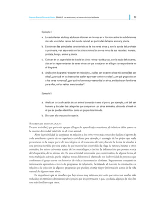 Segundo Nivel de Educación Básica Módulo II: Los seres vivos y su interacción con el ambiente                      53




                Ejemplo 4

                a.	 Los estudiantes adultos y adultas se informan en clases o en la literatura sobre las subdivisiones
                     de cada uno de los reinos del mundo natural, en particular del reino animal y planta.

                b.	 Establecen las principales características de los seres vivos y, con la ayuda del profesor
                     o profesora, van separando en los cinco reinos los seres vivos de sus recortes: monera,
                     protista, hongo, animal y planta.

                c.	 Colocan en un lugar visible de la sala los cinco reinos y cada grupo, con la ayuda del docente,
                     ubican los representantes de seres vivos con que trabajaron en el lugar correspondiente en
                     el diagrama.

                d.	 Analizan el diagrama y discuten en relación a: ¿cuáles son los seres vivos más conocidos por
                     ellos?, ¿por qué en los insectarios suelen aparecer también arañas?, ¿en qué grupo ubican
                     a los seres humanos?, ¿por qué no fueron representados los virus, entidades tan familiares
                     para ellos, en los reinos mencionados?


                Ejemplo 5


                a.	 Analizan la clasificación de un animal conocido como el perro, por ejemplo, y el del ser
                     humano y discuten las categorías que comparten con otros animales, ubicando el nivel en
                     el que se pueden identificar como un grupo determinado.

                b.	 Discuten el concepto de especie.


Sugerencias metodológicas
En esta actividad, que pretende apoyar el logro de aprendizajes anteriores, el énfasis se debe poner en
la enorme diversidad existente en el reino animal.
	    Abrir la posibilidad de conversar en relación a los seres vivos más conocidos facilita el aporte de
cada estudiante a partir de su experiencia cotidiana: por ejemplo, el contagio de los piojos que suele
presentarse en la mayor parte de los colegios en el transcurso del año; discutir la forma de atender a
una persona mordida por una araña; de qué manera han controlado la plaga de ratones, baratas u otros
animales; los mitos existentes acerca de los murciélagos; e incluir la información que poseen acerca
del chupacabra, de las sirenas etc. Es una actividad interesante que contextualiza, de alguna forma, el
tema trabajado; además, puede originar temas diferentes al planteado por la diversidad de personas que
conforman el grupo curso con historias de vida y circunstancias distintas. Seguramente compartirán
información aprendida a través de programas de televisión, facilitando al docente la orientación en
relación a la selección de algunos programas que pueden aportar mayor información acerca de la vida
natural de algunos seres vivos.
	    Es importante que se visualice que hay reinos muy extensos, en tanto que otros son mucho más
reducidos en términos del número de especies que les pertenecen y que, sin duda, algunos de ellos les
son más familiares que otros.
 