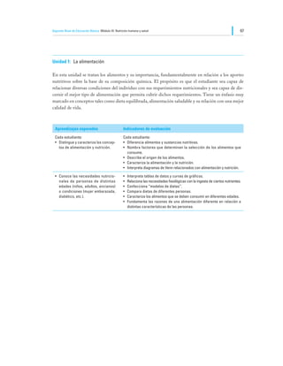 Segundo Nivel de Educación Básica Módulo III: Nutrición humana y salud                                                             67




Unidad 1:	 La alimentación

En esta unidad se tratan los alimentos y su importancia, fundamentalmente en relación a los aportes
nutritivos sobre la base de su composición química. El propósito es que el estudiante sea capaz de
relacionar diversas condiciones del individuo con sus requerimientos nutricionales y sea capaz de dis-
cernir el mejor tipo de alimentación que permita cubrir dichos requerimientos. Tiene un énfasis muy
marcado en conceptos tales como dieta equilibrada, alimentación saludable y su relación con una mejor
calidad de vida.



  Aprendizajes esperados                           Indicadores de evaluación
  Cada estudiante:                                 Cada estudiante:
  •	 Distingue y caracteriza los concep-           •	 Diferencia alimentos y sustancias nutritivas.
     tos de alimentación y nutrición.              •	 Nombra factores que determinan la selección de los alimentos que
                                                      consume.
                                                   •	 Describe el origen de los alimentos.
                                                   •	 Caracteriza la alimentación y la nutrición.
                                                   •	 Interpreta diagramas de Venn relacionados con alimentación y nutrición.

  •	 Conoce las necesidades nutricio-              •	   Interpreta tablas de datos y curvas de gráficos.
     nales de personas de distintas                •	   Relaciona las necesidades fisiológicas con la ingesta de ciertos nutrientes.
     edades (niños, adultos, ancianos)             •	   Confecciona “modelos de dietas”.
     o condiciones (mujer embarazada,              •	   Compara dietas de diferentes personas.
     diabético, etc.).                             •	   Caracteriza los alimentos que se deben consumir en diferentes edades.
                                                   •	   Fundamenta las razones de una alimentación diferente en relación a
                                                        distintas características de las personas.
 