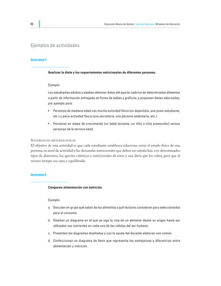 68                                                    Educación Básica de Adultos Ciencias Naturales Ministerio de Educación




Ejemplos de actividades

Actividad 1


              Analizan la dieta y los requerimientos nutricionales de diferentes personas.


              Ejemplo

              Los estudiantes adultos y adultas obtienen datos del aporte calórico de determinados alimentos
              a partir de información entregada en forma de tablas y gráficos, y proponen dietas adecuadas,
              por ejemplo para:

              •	 Personas de mediana edad con mucha actividad física (un deportista, una joven estudiante,
                 etc.) y poca actividad física (una secretaria, una persona sedentaria, etc.).

              •	 Personas en etapa de crecimiento (un bebé lactante, un niño o niña preescolar) versus
                 personas de la tercera edad.


Sugerencias metodológicas
El objetivo de esta actividad es que cada estudiante establezca relaciones entre el estado físico de una
persona, su nivel de actividad y las demandas nutricionales que deben ser satisfechas, con determinados
tipos de alimentos, los aportes calóricos y nutricionales de éstos y una dieta que los cubra, pero que al
mismo tiempo sea sana y equilibrada.


Actividad 2


              Comparan alimentación con nutrición.


              Ejemplo

              a.	 Discuten en grupo qué saben de los alimentos y qué factores consideran para seleccionarlos
                 para el consumo.

              b.	 Diseñan un diagrama en el que se siga la ruta de un alimento desde su origen hasta ser
                 utilizados sus nutrientes en cada una de las células del ser humano.

              c.	 Presentan los diagramas diseñados y con la ayuda del docente elaboran uno común.

              d.	 Confeccionan un diagrama de Venn que representa las semejanzas y diferencias entre
                 alimentación y nutrición.
 