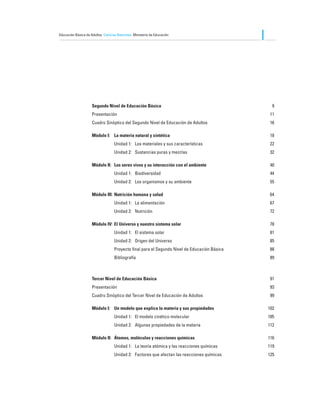 Educación Básica de Adultos Ciencias Naturales Ministerio de Educación                           




                    Segundo Nivel de Educación Básica	                                           9
                    Presentación		                                                              11
                    Cuadro Sinóptico del Segundo nivel de Educación de Adultos	                 16

                    Módulo I:	 La materia natural y sintética	                                  18
                                   Unidad 1:	 Los materiales y sus características	             22
                                   Unidad 2:	 Sustancias puras y mezclas	                       32

                    Módulo II:	 Los seres vivos y su interacción con el ambiente	               40
                                   Unidad 1:	 Biodiversidad	                                    44
                                   Unidad 2:	 Los organismos y su ambiente	                     55

                    Módulo III:	 Nutrición humana y salud	                                      64
                                   Unidad 1:	 La alimentación	                                  67
                                   Unidad 2:	 Nutrición	                                        72

                    Módulo IV:	 El Universo y nuestro sistema solar	                            78
                                   Unidad 1:	 El sistema solar	                                 81
                                   Unidad 2:	 Origen del Universo	                              85
                                   Proyecto final para el Segundo Nivel de Educación Básica	    88
                                   Bibliografía	                                                89



                    Tercer Nivel de Educación Básica	                                           91
                    Presentación		                                                              93
                    Cuadro Sinóptico del Tercer Nivel de Educación de Adultos	                  99

                    Módulo I:	 Un modelo que explica la materia y sus propiedades	             102
                                   Unidad 1:	 El modelo cinético molecular	                    105
                                   Unidad 2:	 Algunas propiedades de la materia	               112

                    Módulo II:	 Átomos, moléculas y reacciones químicas	                       116
                                   Unidad 1:	 La teoría atómica y las reacciones químicas	     119
                                   Unidad 2:	 Factores que afectan las reacciones químicas	    125
 