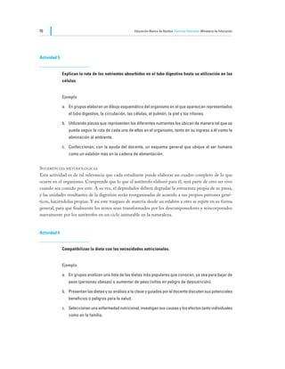 76                                                      Educación Básica de Adultos Ciencias Naturales Ministerio de Educación




Actividad 5


              Explican la ruta de los nutrientes absorbidos en el tubo digestivo hasta su utilización en las
              células.


              Ejemplo

              a.	 En grupos elaboran un dibujo esquemático del organismo en el que aparezcan representados
                 el tubo digestivo, la circulación, las células, el pulmón, la piel y los riñones.

              b.	 Utilizando piezas que representen los diferentes nutrientes los ubican de manera tal que se
                 pueda seguir la ruta de cada uno de ellos en el organismo, tanto en su ingreso a él como la
                 eliminación al ambiente.

              c.	 Confeccionan, con la ayuda del docente, un esquema general que ubique al ser humano
                 como un eslabón más en la cadena de alimentación.


Sugerencias metodológicas
Esta actividad es de tal relevancia que cada estudiante puede elaborar un cuadro completo de lo que
ocurre en el organismo. Comprende que lo que el autótrofo elaboró para él, será parte de otro ser vivo
cuando sea comido por este. A su vez, el depredador deberá degradar la estructura propia de su presa,
y las unidades resultantes de la digestión serán reorganizadas de acuerdo a sus propios patrones gené-
ticos, haciéndolas propias. Y así este traspaso de materia desde un eslabón a otro se repite en su forma
general, para que finalmente los restos sean transformados por los descomponedores y reincorporados
nuevamente por los autótrofos en un ciclo inmutable en la naturaleza.


Actividad 6


              Compatibilizan la dieta con las necesidades nutricionales.


              Ejemplo

              a.	 En grupos analizan una lista de las dietas más populares que conocen, ya sea para bajar de
                 peso (personas obesas) o aumentar de peso (niños en peligro de desnutrición).

              b.	 Presentan las dietas y su análisis a la clase y guiados por el docente discuten sus potenciales
                 beneficios o peligros para la salud.

              c.	 Seleccionan una enfermedad nutricional, investigan sus causas y los efectos tanto individuales
                 como en la familia.
 