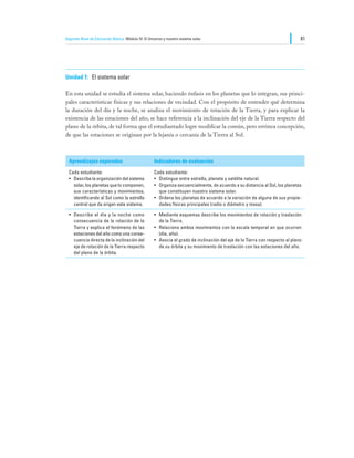 Segundo Nivel de Educación Básica Módulo IV: El Universo y nuestro sistema solar                                               81




Unidad 1:	 El sistema solar

En esta unidad se estudia el sistema solar, haciendo énfasis en los planetas que lo integran, sus princi-
pales características físicas y sus relaciones de vecindad. Con el propósito de entender qué determina
la duración del día y la noche, se analiza el movimiento de rotación de la Tierra, y para explicar la
existencia de las estaciones del año, se hace referencia a la inclinación del eje de la Tierra respecto del
plano de la órbita, de tal forma que el estudiantado logre modificar la común, pero errónea concepción,
de que las estaciones se originan por la lejanía o cercanía de la Tierra al Sol.



  Aprendizajes esperados                            Indicadores de evaluación

  Cada estudiante:                                  Cada estudiante:
  •	 Describe la organización del sistema           •	 Distingue entre estrella, planeta y satélite natural.
     solar, los planetas que lo componen,           •	 Organiza secuencialmente, de acuerdo a su distancia al Sol, los planetas
     sus características y movimientos,                que constituyen nuestro sistema solar.
     identificando al Sol como la estrella          •	 Ordena los planetas de acuerdo a la variación de alguna de sus propie-
     central que da origen este sistema.               dades físicas principales (radio o diámetro y masa).

  •	 Describe el día y la noche como                •	 Mediante esquemas describe los movimientos de rotación y traslación
     consecuencia de la rotación de la                 de la Tierra.
     Tierra y explica el fenómeno de las            •	 Relaciona ambos movimientos con la escala temporal en que ocurren
     estaciones del año como una conse-                (día, año).
     cuencia directa de la inclinación del          •	 Asocia el grado de inclinación del eje de la Tierra con respecto al plano
     eje de rotación de la Tierra respecto             de su órbita y su movimiento de traslación con las estaciones del año.
     del plano de la órbita.
 