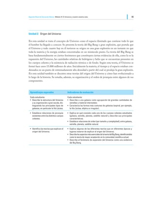 Segundo Nivel de Educación Básica Módulo IV: El Universo y nuestro sistema solar                                                     85




Unidad 2:	 Origen del Universo

En esta unidad se trata el concepto de Universo como el espacio ilimitado que contiene todo lo que
el hombre ha llegado a conocer. Se presenta la teoría del Big Bang o gran explosión, que postula que
el Universo y todo cuanto hay en él tuvieron su origen en una gran explosión en un instante en que
toda la materia y la energía estaban concentradas en un minúsculo punto. La teoría del Big Bang se
basa fundamentalmente en ciertos fenómenos que constituyen ciertas evidencias de ella, como lo es la
expansión del Universo, las cantidades relativas de hidrógeno y helio que se encuentran presentes en
los cuerpos celestes y la existencia de radiación térmica o de fondo. Según esta teoría, el Universo se
formó hace unos 15.000 millones de años. Inicialmente la materia, el tiempo y el espacio estaban con-
densados en un punto de extremadamente alta densidad a partir del cual se produjo la gran explosión.
En esta unidad también se discuten otras teorías del origen del Universo y cómo han evolucionado a
lo largo de la historia. Se estudia, además, su organización y el orden de jerarquía entre algunos de sus
componentes.



  Aprendizajes esperados                            Indicadores de evaluación

  Cada estudiante:                                  Cada estudiante:
  •	 Describe la estructura del Universo            •	 Describe a una galaxia como agrupación de grandes cantidades de
     y su organización a gran escala, dis-             estrellas y material interestelar.
     tinguiendo los principales tipos de            •	 Caracteriza las formas más comunes de galaxias (espiral, por ejemplo,
     galaxias, en particular la Vía Láctea.            la Vía Láctea, elíptica e irregular).

  •	 Establece relaciones de jerarquía              •	 Explica en qué consiste cada uno de los cuerpos celestes estudiados
     existentes entre los distintos cuerpos            (galaxia, estrella, planeta, satélite natural) y describe sus principales
     celestes.                                         características.
                                                    •	 Establece relaciones de orden (por tamaño y complejidad), entre galaxia,
                                                       estrella, planeta, satélite natural.

  •	 Identifica las teorías que explican el         •	 Explica algunas de las diferentes teorías que en diferentes épocas y
     origen del Universo.                              lugares trataron de explicar el origen del Universo.
                                                    •	 Describe los aspectos más esenciales de la teoría del Big Bang, identificándola
                                                       como la teoría de mayor aceptación en la comunidad científica actual.
                                                    •	 Describe el fenómeno de expansión del Universo como una evidencia
                                                       del Big Bang.
 