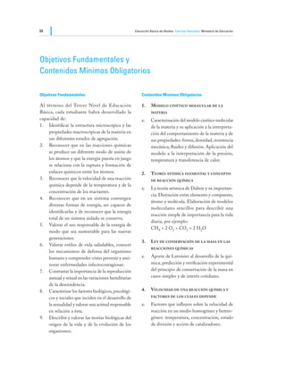 94                                                     Educación Básica de Adultos Ciencias Naturales Ministerio de Educación




Objetivos Fundamentales y					
Contenidos Mínimos Obligatorios

Objetivos Fundamentales                                    Contenidos Mínimos Obligatorios

Al término del Tercer Nivel de Educación                   1.	    Modelo cinético molecular de la
Básica, cada estudiante habrá desarrollado la                     materia
capacidad de:                                              a.	    Caracterización del modelo cinético molecular
1.	 Identificar la estructura microscópica y las                  de la materia y su aplicación a la interpreta-
    propiedades macroscópicas de la materia en                    ción del comportamiento de la materia y de
    sus diferentes estados de agregación.                         sus propiedades: forma, densidad, resistencia
2.	 Reconocer que en las reacciones químicas                      mecánica, fluidez y difusión. Aplicación del
    se produce un diferente modo de unión de                      modelo a la interpretación de la presión,
    los átomos y que la energía puesta en juego                   temperatura y transferencia de calor.
    se relaciona con la ruptura y formación de
    enlaces químicos entre los átomos.                     2.	Teoría atómica elemental y concepto
3.	 Reconocer que la velocidad de una reacción                    de reacción química
    química depende de la temperatura y de la
                                                           a.	    La teoría atómica de Dalton y su importan-
    concentración de los reactantes.
                                                                  cia. Distinción entre elemento y compuesto,
4.	 Reconocer que en un sistema convergen
                                                                  átomo y molécula. Elaboración de modelos
    diversas formas de energía, ser capaces de
                                                                  moleculares sencillos para describir una
    identificarlas y de reconocer que la energía
                                                                  reacción simple de importancia para la vida
    total de un sistema aislado se conserva.
                                                                  diaria, por ejemplo:
5.	 Valorar el uso responsable de la energía de
                                                           	      CH4 + 2 O2 = CO2 + 2 H2O
    modo que sea sustentable para las nuevas
    generaciones.
                                                           3.	Ley de conservación de la masa en las
6.	 Valorar estilos de vida saludables, conocer
                                                                  reacciones químicas
    los mecanismos de defensa del organismo
    humano y comprender cómo prevenir y ami-               a.	    Aporte de Lavoisier al desarrollo de la quí-
    norar enfermedades infectocontagiosas.                        mica, predicción y verificación experimental
7.	 Contrastar la importancia de la reproducción                  del principio de conservación de la masa en
    asexual y sexual en las variaciones hereditarias              casos simples y de interés cotidiano.
    de la descendencia.
8.	 Caracterizar los factores biológicos, psicológi-       4.	Velocidad de una reacción química y
    cos y sociales que inciden en el desarrollo de                factores de los cuales depende

    la sexualidad y valorar una actitud responsable        a.	    Factores que influyen sobre la velocidad de
    en relación a ésta.                                           reacción en un medio homogéneo y hetero-
9.	 Describir y valorar las teorías biológicas del                géneo: temperatura, concentración, estado
    origen de la vida y de la evolución de los                    de división y acción de catalizadores.
    organismos.
 