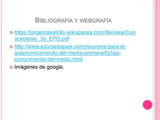 BIBLIOGRAFÍA Y WEBGRAFÍA
 https://jorgemaestrillo.wikispaces.com/file/view/Con
ocimiento_3o_EPO.pdf
 http://www.educapeques.com/recursos-para-el-
aula/conocimiento-del-medio-primaria/fichas-
conocimiento-del-medio.html
 Imágenes de google.
 