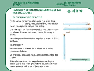 Ciencias de la Naturaleza
1º ESO
RAZONAR Y OBTENER CONCLUSIONES DE LAS
INVESTIGACIONES
EL EXPERIMENTO DE BOYLE
•Boyle sabía, como todo el mundo, que si se deja
caer juntas, al aire libre, una bola de
hierro y una pluma, la bola cae antes.
El conocimiento
del mundoUNIDAD
•Sin embargo, en su experimento, Boyle vació de aire
un tubo e hizo caer entonces, juntas, la bola y la
pluma.
•Resultó que ambos objetos llegaban a la vez al fondo
del tubo.
¿Conclusión?
El aire causa el retraso en la caída de la pluma
respecto a la bola.
La gravedad causa el mismo movimiento en los dos
objetos.
Más adelante, con más experimentos se llegó a
saber que la atracción gravitatoria causaba el mismo
movimiento en todos los objetos con masa.
Experimento de Boyle.
 