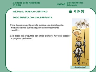 Ciencias de la Naturaleza
1º ESO
INICIAR EL TRABAJO CIENTÍFICO
TODO EMPIEZA CON UNA PREGUNTA
1.Una buena pregunta abre la puerta a una investigación
mediante la cual puede adquirirse un conocimiento
científico.
El conocimiento
del mundoUNIDAD
¿Son gigantes?
2.No todas las preguntas son útiles siempre, hay que escoger
la pregunta pertinente.
 