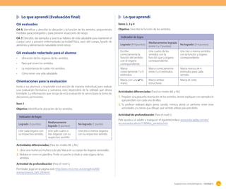 Sugerencias metodológicas - Unidad 2 103
	 Lo que aprendí (Evaluación final)
OA evaluados
OA 6. Identificar y describir la ubicación y la función de los sentidos, proponiendo
medidas para protegerlos y para prevenir situaciones de riesgo.
OA 7. Describir, dar ejemplos y practicar hábitos de vida saludable para mantener el
cuerpo sano y prevenir enfermedades (actividad física, aseo del cuerpo, lavado de
alimentos y alimentación saludable, entre otros).
OA evaluado redactado para el alumno
•	 Ubicación de los órganos de los sentidos.
•	 Para qué sirven los sentidos.
•	 La importancia de cuidar mis sentidos.
•	 Cómo tener una vida saludable.
Orientaciones para la evaluación
Invite a sus alumnos a responder esta sección de manera individual, para realizar
una evaluación formativa o sumativa, esto dependerá de la utilidad que desea
brindarle. La información que recoja de esta evaluación le servirá para la toma de
decisiones pertinentes.
Ítem 1
Objetivo: Identificar la ubicación de los sentidos.
Indicador de logro
Logrado (3 puntos)
Medianamente
logrado (3 puntos)
No logrado (1 punto)
Une cada órgano con
su respectivo sentido.
Une solo cuatro o
tres órganos con su
respectivo sentido.
Une dos o menos órganos
con su respectivo sentido.
Actividades diferenciadas (Para los niveles ML y NL)
1.	Lleva una muñeca o muñeco a la sala. Marca en su cuerpo los órganos sensoriales.
2.	Moldea un rostro en plastilina. Ponle un parche o rótulo a cada órgano de los
sentidos.
Actividad de profundización (Para el nivel L)
Permítales jugar en la página web http://ares.cnice.mec.es/ciengehi/a/00/
animaciones/a_fa01_00.html.
	 Lo que aprendí
Ítems 2, 3 y 4
Objetivo: Describir la función de los sentidos.
Indicador de logro
Logrado (8-9 puntos)
Medianamente logrado
(entre 5 y 7 puntos)
No logrado (3-4 puntos)
Escribe
correctamente la
función del sentido
con el órgano
correspondiente.
Une cuatro de los
sentidos con la
función que y órgano
correspondiente.
Une tres o menos sentidos
con la función y órgano
correspondiente.
Marca
correctamente 7 a 9
estímulos.
Marca correctamente
entre 5 y 6 estímulos.
Marca menos de 4
estímulos para cada
sentido.
Marca con una ✔ la
mano.
Marca ambas
estructuras.
Marca el codo.
Actividades diferenciadas (Para los niveles ML y NL)
1.	Preparen una pequeña disertación de los sentidos, donde explíquen con ejemplos lo
que perciben con cada uno de ellos.
2.	Tu profesor realizará algún gesto, sonido, mímica, abrirá un perfume, entre otras
actividades y tú tienes que dibujar, qué sentido utilizas para percibirlo.
Actividad de profundización (Para el nivel L)
Pide ayuda a un adulto y trabaja en el siguiente enlace www.educaplay.com/es/
recursoseducativos/11389/los_sentidos.htm
 