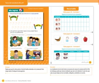 Guía didáctica del docente – Ciencias Naturales 1º básico106
Texto del estudiante 86 y 87
Recortables
Los estudiantes de este nivel están en un proceso de conocer los números del 0 al 100,
sin embargo, puede que existan estudiantes que aún no los dominen. Es por esto, que
cada vez que trabaje con los recortables, indíquelos y nómbrelos en voz alta.
Mis logros
Unidad 2: Nuestros sentidos
1. Pinta el total de huellas que obtuviste en Lo que aprendí.
Trabajando en mi texto escolar.
Realizando experimentos.
Conversando con mis compañeros.
Escuchando a mi profesor.
2
2
2
2
2. ¿De qué forma aprendiste mejor en esta unidad? Marca
con un ✔ tus preferencias.
INICIO
META
INICIO
META
86 _ochenta y _siete _ochenta y _siete
Recortable
Registro de aciertos de mi compañero
Registro de aciertos de mi compañero
Condición 1 2 3 4 5 6 7 8 9 10
Condición Prueba 1 Prueba 2 Prueba 3
Tabla página 58 – Actividad 1
Tabla página 61 – Actividad 3
Tabla página 60 – Actividad 2
87
Mis logros
Página para que los niños pinten el total de huellas obtenidas en la evaluación final.
Luego realice el trabajo de metacognición.
 