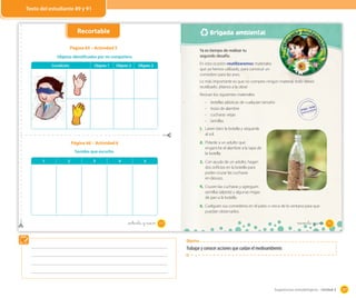 Sugerencias metodológicas - Unidad 2 107
_ochenta y nueve
Objetos identificados por mi compañero
Sonidos que escucho
Condición Objeto 1 Objeto 2 Objeto 2
1 2 3 4 5
Página 63 – Actividad 5
Página 66 – Actividad 6
Recortable
89
Brigada ambiental
91
Ya es tiempo de realizar tu
segundo desafío.
En esta ocasión reutilizaremos materiales
que ya hemos utilizado, para construir un
comedero para las aves.
Lo más importante es que no compres ningún material, todo debes
reutilizarlo. ¡Manos a la obra!
Reúnan los siguientes materiales:
- botellas plásticas de cualquier tamaño
- trozo de alambre
- cucharas viejas
- semillas
1. Laven bien la botella y séquenla
al sol.
2. Pídanle a un adulto que
enganche el alambre a la tapa de
la botella.
3. Con ayuda de un adulto, hagan
dos orificios en la botella para
poder cruzar las cucharas
en desuso.
4. Crucen las cucharas y agreguen
semillas (alpiste) y algunas migas
de pan a la botella.
5. Cuelguen sus comederos en el patio o cerca de la ventana para que
puedan observarlos.
91noventa y _uno
Objetivo
Trabajar y conocer acciones que cuidan el medioambiente.
Texto del estudiante 89 y 91
 