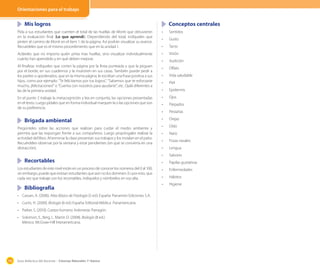 Guía didáctica del docente – Ciencias Naturales 1º básico108
Orientaciones para el trabajo
Mis logros
Pída a sus estudiantes que cuenten el total de las huellas de Monti que obtuvieron
en la evaluación final (Lo que aprendí). Dependiendo del total, indíqueles que
pinten el camino de Monti en el ítem 1 de la página. Así podrán visualizar su avance.
Recuédeles que es el mismo procedimiento que en la unidad 1.
Acláreles que no importa quién pinta mas huellas, sino visualizar individualmente
cuánto han aprendido y en qué deben mejorar.
Al finalizar, indíqueles que corten la página por la línea punteada y que la peguen
por el borde, en sus cuadernos y la muestren en sus casas. También puede pedir a
los padres o apoderados, que en la misma página, le escriban una frase positiva a sus
hijos, como por ejemplo: “Te felicitamos por tus logros”, “Sabemos que te esforzaste
mucho, ¡felicitaciones!” o “Cuenta con nosotros para ayudarte”, etc. Ojalá diferentes a
las de la primera unidad.
En el punto 2 trabaje la metacognición y lea en conjunto, las opciones presentadas
en el texto. Luego pídales que en forma individual marquen la o las opciones que son
de su preferencia.
Brigada ambiental
Pregúnteles sobre las acciones que realizan para cuidar el medio ambiente y
permita que las expongan frente a sus compañeros. Luego propóngales realizar la
actividad del libro. Al terminar la clase presentan sus trabajos y los instalan en el patio.
Recuérdeles observar por la ventana y estar pendientes (sin que se convierta en una
distracción).
Recortables
Los estudiantes de este nivel están en un proceso de conocer los números del 0 al 100,
sin embargo, puede que existan estudiantes que aún no los dominen. Es por esto, que
cada vez que trabaje con los recortables, indíquelos y nómbrelos en voz alta.
Bibliografía
•	 Cassan, A. (2006). Atlas Básico de Fisiología (5 ed.) España: Parramón Ediciones S.A.
•	 Curtis, H. (2000). Biología (6 ed.) España: Editorial Médica Panamericana.
•	 Parker, S. (2010). Cuerpo humano. Indonesia: Parragón.
•	 Solomon, E., Berg, L. Martin D. (2008). Biología (8 ed.)
México: McGraw-Hill Interamericana.
Conceptos centrales
•	 Sentidos
•	 Gusto
•	 Tacto
•	 Visión
•	 Audición
•	 Olfato
•	 Vida saludable
•	 Piel
•	 Epidermis
•	 Ojos
•	 Párpados
•	 Pestañas
•	 Orejas
•	 Oído
•	 Nariz
•	 Fosas nasales
•	 Lengua
•	 Sabores
•	 Papilas gustativas
•	 Enfermedades
•	 Hábitos
•	 Higiene
 