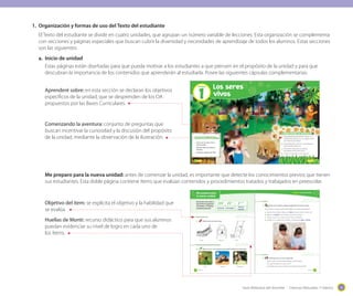 Guía didáctica del docente - Ciencias Naturales 1º básico 1313
1.	 Organización y formas de uso del Texto del estudiante
El Texto del estudiante se divide en cuatro unidades, que agrupan un número variable de lecciones. Esta organización se complementa
con secciones y páginas especiales que buscan cubrir la diversidad y necesidades de aprendizaje de todos los alumnos. Estas secciones
son las siguientes:
a.	 Inicio de unidad
Estas páginas están diseñadas para que pueda motivar a los estudiantes a que piensen en el propósito de la unidad y para que
descubran la importancia de los contenidos que aprenderán al estudiarla. Posee las siguientes cápsulas complementarias:
Aprenderé sobre: en esta sección se declaran los objetivos
específicos de la unidad, que se desprenden de los OA
propuestos por las Bases Curriculares.
Comenzando la aventura: conjunto de preguntas que
buscan incentivar la curiosidad y la discusión del propósito
de la unidad, mediante la observación de la ilustración.
Me preparo para la nueva unidad: antes de comenzar la unidad, es importante que detecte los conocimientos previos que tienen
sus estudiantes. Esta doble página contiene ítems que evalúan contenidos y procedimientos tratados y trabajados en preescolar.
Objetivo del ítem: se explicita el objetivo y la habilidad que
se evalúa.
Huellas de Monti: recurso didáctico para que sus alumnos
puedan evidenciar su nivel de logro en cada uno de
los ítems.
1
Unidad
Los seres
vivos
_doce
· Cómo son los seres vivos y
qué necesitan.
· Distintos tipos de plantas y
animales.
· Animales y plantas de Chile.
Aprenderé sobre...
12 _trece
1. ¿Qué observas en la ilustración? Dibuja en tu
cuaderno tres seres vivos y tres objetos inertes
que observes en el dibujo.
2. Escoge dos de los seres vivos que dibujaste.
¿Qué necesitan para vivir?
3. ¿Por qué es importante conocer las
necesidades de los seres vivos?
4. ¿Cómo se cuida bien a una mascota?
Comenzando la aventura
13
Me preparo para
la nueva unidad
Reconocer seres vivos
1. Colorea solo los seres vivos.
Identificar acciones que realizan los seres vivos
2. Marca con un ✔ las acciones que pueden realizar los seres vivos.
Volar Caminar Alimentarse
Oruga Basurero Niña
Recuerda lo que sabes y
desarrolla las siguientes
actividades. Al finalizar,
completa pintando: Correcto Por lograr
Aún no
logrado
14 _catorce
Unidad 1: Los seres vivos
Observar
3. Reúne tres semillas y observa siguiendo las instrucciones.
Para observar correctamente, debes fijarte en ciertas características.
a. Observa las semillas y fíjate en el color. ¿De qué color es cada una?
b. Observa la forma de las semillas. ¿Qué forma tienen?
c. Tócalas. ¿Cómo es su textura? ¿Son duras o blandas?
d. Dibuja en tu cuaderno tus semillas, considerando color y forma.
Comenta
4. Comenta con tu curso y responde.
· ¿Qué sucede con las semillas después de sembrarlas?
· ¿Por qué las plantas son seres vivos?
· ¿Qué debes hacer para cuidar el crecimiento de las semillas?
15_quince
 