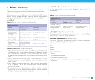 Sugerencias metodológicas - Unidad 3 137
	 ¿Qué estoy aprendiendo?
Pida a los alumnos que realicen las actividades en forma individual. Léales las
instrucciones y deles tiempo para responder. Muéstreles el ícono que indica la
acción que deben realizar.
Al finalizar, revise los resultados de los alumnos, indicándoles si tienen 1, 2 o 3 puntos
por ítem. Luego de revisar las actividades pídales que pinten las huellas de Monti
según sus puntajes. De esta forma, se observa el rendimiento de la evaluación.
Ítems 1, 2 y 3
Objetivo: Observar y describir los cambios en los materiales.
Indicador de logro
Logrado
(8-9 puntos)
Medianamente
(5-7 puntos)
No logrado
(3-4 puntos)
Describe correcta-
mente qué ocurrió
en cada caso.
Describe solo un caso
de forma correcta.
No describe ninguno de
los casos.
Marca la taza y el
cohete de papel.
Marca solo la taza o el
cohete.
Marca la madera quemada
o ninguno.
Dibuja el papel
quemado y la pelota
desteñida.
Dibuja solo el papel
quemado o la pelota
desteñida.
Dibuja otra cosa o nada.
Actividades diferenciadas (Para los niveles ML y NL)
1.	Coloca un clavo nuevo en un vaso y agrégale agua. Déjalo por algunos días y observa.
¿Qué le ocurrió al clavo? Dibuja como quedó. Busca algún juguete plástico que se te
haya quedado al sol por mucho tiempo y ve cómo están sus colores ahora. Pregunta
en casa, a un adulto, qué sucede con las cortinas cuando se exponen mucho tiempo
al sol.
2.	Toma un papel lustre y apriétalo con tus manos. ¿Cómo quedó el papel? Ahora toma
otro papel lustre y hace un barquito. ¿Qué tipo de cambio sufrió el papel en ambos
casos? Escríbelo.
3.	Pide a un adulto que tome un fósforo nuevo y luego lo encienda. Observa lo que
ocurre con el fósforo y dibújalo. ¿Qué provocó el cambio en el palo de fósforo?
Describe lo que sucedió.
4.	En tu cuaderno escribe: cambios producidos por la fuerza y cambios producidos
por la luz y el calor. Recorta de revistas objetos quemados, desteñidos, derretidos,
quebrados, deformados y pégalos donde corresponda.
Actividad de profundización (Para el nivel de logro L)
Construye una escrultura solo con materiales que pueden cambiar su forma al
aplicarles fuerza.
Ítem 4
Objetivo: Diseñar instrumentos tecnológicos simples.
Indicador de logro
Logrado
(3 puntos)
Medianamente
logrado (2 puntos)
No logrado
(1 punto)
Une cada objeto uti-
lizado con la función
en el termómetro
casero.
Une solo dos objetos
con su función.
Une solo uno o ninguno
en forma correcta.
Actividad diferenciada (Para los niveles ML y NL)
Dibuja cada uno de los pasos que realizaste para construir el termómetro. Fíjate
ahora para qué se usaron cada uno de los materiales.
Actividad de profundización (Para el nivel de logro L)
Busca en casa los siguientes instrumentos tecnológicos y escribe de qué materiales
están construidos. Por ejemplo: Martillo: madera y metal.
Cocina:
Reloj:
Ventana:
Teléfono:
Respuestas esperadas
1.	agua-luz.
2.	taza quebrada-avión de papel.
3.	Papel quemado-pelota desteñida.
4.	Plasticina – sostener la bombilla; botella – contener el agua; bombilla – marcar la
temperatura.
 