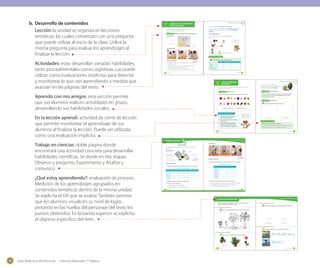 Guía didáctica del docente - Ciencias Naturales 1º básico14
¿Qué estoy aprendiendo?
Identificar las estructuras de las plantas
1. Pinta con colores diferentes las raíces, las flores, los tallos y las
hojas.
Clasificar semillas, frutos, flores y tallos
2. Marca con un ✔ los tallos que son verdes y delgados.
Realiza las siguientes actividades. Al finalizar, revisa con tu profesor y
pinta las huellas de Monti según tus logros.
40 _cuarenta
Unidad 1: Los seres vivos
Clasificar semillas, frutos, flores y tallos
3. Dibuja en los maceteros flores que correspondan a cada grupo.
Reconocer animales y plantas de Chile
4. Completa el nombre y comenta dónde vive cada uno.
R n _ta _de D _rw n
Ara car
3 flores amarillas 2 flores rojas
Unidad 1: Los seres vivos
41_cuarenta y _uno
Trabajo en ciencias
¿Con o sin luz?
En este trabajo podrás averiguar qué más necesitan las plantas para su
crecimiento.
¿Qué necesito?
2. Dibuja y pinta en tu cuaderno las cuatro arvejas.
3. Conversa con tus compañeros.
a. ¿Existen diferencias entre las arvejas?
b. ¿Tendrán diferencias al crecer? ¡Compruébalo!
Observo y pregunto
1. Observa con atención cuatro arvejas y marca con un ✔ en la tabla.
media taza de arvejas
tierra de hojas
cajas de huevos
o recipiente plástico
agua
Arveja Dura Blanda Suave Áspera Brillante Opaca
1
2
3
4
caja de cartón
Características de las arvejas
22 veintidós
Unidad 1: Los seres vivos
Analizo y comunico
1. Observa el crecimiento de las semillas y marca con un ✔ en la tabla.
Crecimiento de las arvejas
Día A B
3
5
7
9
11
13
2. Compara las tablas de tu grupo con las de otros grupos.
a. ¿En cuál recipiente observaste primero el desarrollo de las semillas?
b. ¿En cuál recipiente crecieron más las plantas de arvejas?
c. ¿A qué se debe la diferencia de tamaños?
Experimento
1 2 3
23veintitrés
Lección
8
¿Cómo clasiﬁcamos
las plantas?
Clasifico floresActividad 2Actividad 13
No todas las plantas son iguales. Pueden tener diferencias en sus hojas,
tallos, flores, frutos y semillas.
Observa y responde: ¿Cuántos grupos hay, según cada criterio?
1. Según su color. 2. Según su forma.
Clasificar es incluir
algo en un grupo
según un criterio.
Aprendo con mis amigos
1. Formen grupos. Salgan al patio y
busquen plantas diferentes.
2. Cada uno dibuje en tarjetas las plantas
que observen.
3. Júntenlas y clasifiquen las plantas
según cómo son los tallos. Pueden
usar los criterios: grosor, largo y color.
36 _treinta y _seis
Unidad 1: Los seres vivos
Clasifico frutasActividad 2Actividad 15
Clasifico semillasActividad 2Actividad 14
¿Qué hay al interior del fruto? Puedes
averiguarlo abriendo una palta, un damasco u
otro fruto. Al interior están las semillas.
Trae de tu casa diferentes tipos de semillas y en parejas clasifiquen
las semillas según el color. Luego clasifíquenlas según su forma.
¿Cuántos grupos formaron?
Dibuja y pinta cuatro frutas de cada grupo.
En la lección 8 aprendí
Recolecta en el patio diez hojas diferentes.
a. En una cartulina, clasifica las hojas según un criterio que tú definas.
b. Explica qué tienen en común las hojas de cada grupo.
Frutas rojas Frutas amarillas
Palta
37_treinta y _siete
Lección
1
¿Cuáles son las características
de los seres vivos?
Observo y comparo el crecimiento de los seres vivosObservo y comparo el crecimiento de los seres vivosActividad 2Actividad 1
¿Qué necesito?
¿Qué debo hacer?
Observo y comparo
a. Dibuja en tu cuaderno los cambios que observes en los
diferentes vasos.
b. ¿Qué diferencias observas en las semillas entre los días 1 y 10?
c. ¿Cuánto creció la planta entre los días 5 y 10?
d. Compara tus resultados con los del resto de tus compañeros.
Los seres vivos tienen características que los diferencian
de los objetos inertes. Descubre cuáles son.
1 2 3
semillas
3 vasos plásticos
algodón
agua
16 _dieciseis
Unidad 1: Los seres vivos
En la lección 1 aprendí
Pinta el recuadro cuando la respuesta es SÍ.
Como ya sabes, existen objetos inertes y seres vivos.
Los seres vivos tienen características como la capacidad de crecer, que
acabas de observar en la Actividad 1. También pueden reproducirse y
reaccionar.
¿Qué es reproducirse?
Es la capacidad de los seres vivos de tener hijos o crías.
Por ejemplo:
D_e _las nacen .
Las _ponen .
Las generan para _reproducirse.
¿Crece? ¿Se reproduce? ¿Es un ser vivo?
Perro
Mesa
Ser humano
Yo nací de mi
mamá, ¿y tú?
17_diecisiete
b.	 Desarrollo de contenidos
Lección: la unidad se organiza en lecciones
temáticas, las cuales comienzan con una pregunta
que puede utilizar al inicio de la clase. Utilice la
misma pregunta para evaluar los aprendizajes al
finalizar la lección.
Actividades: estas desarrollan variadas habilidades,
tanto procedimentales como cognitivas. Las puede
utilizar como evaluaciones implícitas para detectar
y monitorear lo que van aprendiendo a medida que
avanzan en las páginas del texto.
Aprendo con mis amigos: esta sección permite
que sus alumnos realicen actividades en grupo,
desarrollando sus habilidades sociales.
En la lección aprendí: actividad de cierre de lección
que permite monitorear el aprendizaje de sus
alumnos al finalizar la lección. Puede ser utilizada
como una evaluación implícita.
Trabajo en ciencias: doble página donde
encontrará una actividad concreta para desarrollar
habilidades científicas. Se divide en tres etapas:
Observo y pregunto, Experimento y Analizo y
comunico.
¿Qué estoy aprendiendo?: evaluación de proceso.
Medición de los aprendizajes agrupados en
contenidos temáticos dentro de la misma unidad.
Se explicita el OA que se evalúa. También permite
que los alumnos visualicen su nivel de logro,
pintando en las huellas del personaje del texto los
puntos obtenidos. En la banda superior se explicita
el objetivo específico del ítem.
 