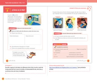 160 Guía didáctica del docente – Ciencias Naturales 1º básico
Lección
2 ¿Cómo es el día?
Observo el cielo durante el díaActividad 2Actividad 2
Durante el día puedes
observar las cosas que están a
tu alrededor sin necesidad de
encender la luz. ¿De dónde
proviene la luz que te permite
ver las cosas?
Observa el cielo antes de almorzar y antes de tomar once.
a. Dibuja lo que observas.
Antes de la onceAntes de almuerzo
b. ¿Qué elementos distingues en el cielo?
c. ¿Cómo es la cantidad de luz en ambos momentos?
¡Cuidado!, nunca mires
directamente el Sol y usa
siempre bloqueador solar.
130 _ciento _treinta
Unidad 4: El día y las estaciones
Durante el día vemos el Sol en distintos lugares del cielo. Esto se debe a
que el planeta Tierra se mueve alrededor de esta gran estrella llamada Sol.
En la lección 2 aprendí
Completa las oraciones.
a. Durante el día, los rayos del llegan a la superficie
de la Tierra.
b. Durante la comenzamos a ver el Sol.
c. Al el Sol está justo sobre nosotros.
d. En la baja la temperatura y la luminosidad.
El Sol se ve aparecer por
detrás de la cordillera.
El Sol se ubica justo
sobre nosotros.
Dejamos de ver el Sol.
Pronto será de noche.
Mañana Mediodía Tarde
Comento diferencias que observo en el díaActividad 2Actividad 3
a. ¿En qué momento del día sientes más frío?
b. ¿Qué diferencias observas entre la luminosidad del mediodía y de
la tarde?
131_ciento _treinta y _uno
OA trabajado: 11
Describir y registrar el ciclo diario y las diferencias entre el día y la noche, a partir de
la observación del Sol, la Luna, las estrellas y la luminosidad del cielo, entre otras, y
sus efectos en los seres vivos y el ambiente.
Recursos web para apoyar la lección
http://www.slideshare.net/Valyakuza/tierra-en-el-universo-7 (para profundizar
el tema).
Texto del estudiante 130 y 131
 