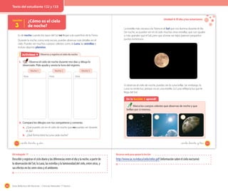 162 Guía didáctica del docente – Ciencias Naturales 1º básico
Lección ¿Cómo es el cielo
de noche?3
Observo y registro el cielo de nocheObservo y registro el cielo de nocheActividad 2Actividad 4
1. Observa el cielo de noche durante tres días y dibuja lo
observado. Pide ayuda y anota la hora del registro.
2. Compara los dibujos con tus compañeros y comenta.
a. ¿Qué puedes ver en el cielo de noche que no puedas ver durante
el día?
b. ¿Qué forma tiene la Luna cada noche?
Es de noche cuando los rayos del Sol no llegan a la superficie de la Tierra.
Durante la noche, como está oscuro, puedes observar más detalles en el
cielo. Puedes ver muchos cuerpos celestes como la Luna, las estrellas e
incluso algunos planetas.
Noche 1 Noche 2 Noche 3
Hora: Hora: Hora:
132 _ciento _treinta y _dos
Unidad 4: El día y las estaciones
En la lección 3 aprendí
Marca los cuerpos celestes que observas de noche y que
brillan por sí mismos.
La estrella más cercana a la Tierra es el Sol que nos ilumina durante el día.
De noche, se pueden ver en el cielo muchas otras estrellas, que son iguales
o más grandes que el Sol, pero que al estar tan lejos parecen pequeños
puntos luminosos.
Si observas el cielo de noche, puedes ver la Luna brillar. Sin embargo, la
Luna no emite luz, porque no es una estrella. La Luna refleja la luz que le
llega del Sol.
133_ciento _treinta y _tres
OA trabajado: 11
Describir y registrar el ciclo diario y las diferencias entre el día y la noche, a partir de
la observación del Sol, la Luna, las estrellas y la luminosidad del cielo, entre otras, y
sus efectos en los seres vivos y el ambiente.
Recursos web para apoyar la lección
http://www.iac.es/educa/cielo/cielos.pdf (información sobre el cielo nocturno)
Texto del estudiante 132 y 133
 