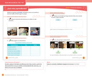 168 Guía didáctica del docente – Ciencias Naturales 1º básico
¿Qué estoy aprendiendo?
Realiza las siguientes actividades. Al finalizar, revisa con tu profesor y
pinta las huellas de Monti según tus logros.
Observar y describir las diferencias entre el día y la noche
1. Dibuja los elementos del cielo que son visibles en cada
momento.
Observar y describir las diferencias entre el día y la noche
2. Marca según sus características.
Características Día Noche
Se observa el Sol.
Se observa la Luna.
Se observan otras estrellas.
Existe menor luminosidad.
Existe mayor luminosidad.
Características del día y de la noche
138 _ciento _treinta y _ocho
Unidad 4: El día y las estaciones
Describir y registrar los efectos del día y
de la noche en los seres vivos y el ambiente
3. Dibuja una actividad que hagas durante el día y otra, durante
la noche. Luego, responde.
Día Noche
¿Qué sucede con la temperatura durante la noche?
Describir y registrar los efectos del día y de la noche
en los seres vivos y el ambiente
4. Une. ¿De qué tipo es cada animal?
Diurno Nocturno
¿En qué actividades te fijas para saber si un animal es diurno o nocturno?
Pulpo Abejas Murciélago Caballo
139_ciento _treinta y _nueve
Evaluación de proceso: OA evaluado: 11
Describir y registrar el ciclo diario y las diferencias entre el día y la noche, a partir de la
observación del Sol, la Luna, las estrellas y la luminosidad del cielo, entre otras, y sus
efectos en los seres vivos y el ambiente.
Objetivo
Evaluar los contenidos y habilidades trabajadas en las lecciones 1, 2, 3, 4 y 5.
Texto del estudiante 138 y 139
 