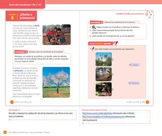 176 Guía didáctica del docente – Ciencias Naturales 1º básico
Lección
8
¿Otoño o
primavera?
Averiguo cómo son los árboles de mi localidadAveriguo cómo son los árboles de mi localidadActividad 2Actividad 12
Después del verano llega el otoño.
Las hojas de muchos árboles se
secan, cambian de color verde a
color amarillo y luego se caen. La
temperatura comienza a disminuir, es
decir, hace más frío que en verano.
En Chile, el otoño comienza el
21 de marzo. ¿Qué ocurre cerca
de esta fecha?
Averigua, con ayuda de tu profesor y tu familia, sobre los árboles
que existen en tu localidad. Dibuja dos de ellos y escribe si pierden
o no sus hojas en otoño.
Al finalizar el invierno comienza
la primavera. Los árboles brotan
y muchas plantas se llenan de
flores. Nacen las crías de muchos
animales; las aves, por ejemplo,
construyen los nidos para sus
pichones. Nuestra primavera
comienza el 21 de septiembre.
¿Qué fiesta celebramos cerca de
esta fecha?
¿Qué características de la primavera
observas en la fotografía?
146 ciento _cuarenta y _seis
Unidad 4: El día y las estaciones
Observo las características de mi entornoActividad 2Actividad 13
1. Salgan al patio con el profesor y observen el entorno.
2. ¿Qué características propias de la estación del año
pueden observar?
3. ¿Qué sucede con la temperatura?, ¿y con las plantas?
En la lección 8 aprendí
Une cada imagen con la estación que representa.
Otoño
Primavera
147_ciento _cuarenta y _siete
OA trabajado: 12
Describir y comunicar los cambios del ciclo de las estaciones y sus efectos en los seres
vivos y el ambiente.
Recursos web para apoyar la lección
http://www.ecured.cu/index.php/Otoño (información sobre el Otoño).
http://www.wiseupkids.com/informacion/primavera.htm (información
sobre la primavera).
Texto del estudiante 146 y 147
 