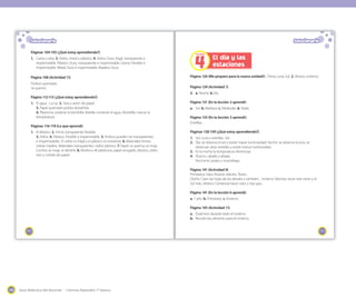 Guía didáctica del docente - Ciencias Naturales 1º básico198
173
Solucionario
El día y las
estaciones4
Unidad
Página 126 (Me preparo para la nueva unidad)1. Tierra; Luna; Sol. 2. Verano. Invierno.
Página 129 (Actividad 1)
3. a. Noche. b. No.
Página 131 (En la lección 2 aprendí)
a. Sol. b. Mañana. c. Mediodía. d. Tarde.
Página 133 (En la lección 3 aprendí)
Estrellas.
Páginas 138-139 (¿Qué estoy aprendiendo?)
1. Sol. Luna y estrellas. Sol.
2. Día: se observa el sol y existe mayor luminosidad. Noche: se observa la luna, se
observan otras estrellas y existe menor luminosidad.
3. En la noche la temperatura disminuye.
4. Diurno: caballo y abejas.
Nocturno: pulpo y murciélago.
Página 141 (Actividad 9)
Primavera: Hace florecer árboles, flores...
Otoño: Caen las hojas de los árboles y también... Invierno: Muchas veces trae nieve y el
Sol más...Verano: Comienza hacer calor y hay que...
Página 141 (En la lección 6 aprendí)
a. 1 año. b. Primavera. c. Invierno.
Página 145 (Actividad 11)
a. Duermen durante todo el invierno
b. Recolectan alimento para el invierno.
172
Solucionario
Páginas 104-105 (¿Qué estoy aprendiendo?)
1. Cama y reloj. 3. Vidrio, metal y plástico. 4. Vidrio: Duro, frágil, transparente e
impermeable. Plástico: Duro, transparente e impermeable. Goma: Flexible e
impermeable. Metal: Duro e impermeable. Madera: Dura.
Página 108 (Actividad 11)
Fósforo quemado.
Se quemó.
Página 112-113 (¿Qué estoy aprendiendo?)
1. El agua - La luz. 2. Taza y avión de papel.
3. Papel quemado-pelota desteñida.
4. Plasticina: sostener la bombilla. Botella: contener el agua. Bombilla: marcar la
temperatura.
Páginas 116-119 (Lo que aprendí)
1. El elástico. 2. Firme; transparente; flexible.
3. Vidrio. 4. Plástico. Flexible e impermeable. 5. Ambos pueden ser transparentes
e impermeables. El vidrio es frágil y el plástico es resistente. 6. Materiales firmes:
metal; madera. Materiales transparentes: vidrio; plástico. 7. Papel: se quema; se moja.
Cortina: se moja; se destiñe. 8. Muñeco de plasticina, papel arrugado, elástico, vidrio
roto y cohete de papel.
 