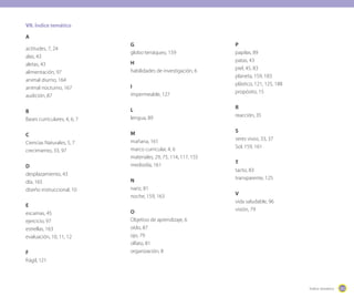 203203Índice temático
VII. Índice temático
A
actitudes, 7, 24
alas, 43
aletas, 43
alimentación, 97
animal diurno, 164
animal nocturno, 167
audición, 87
B
Bases curriculares, 4, 6, 7
C
Ciencias Naturales, 5, 7
crecimiento, 33, 97
D
desplazamiento, 43
día, 165
diseño instruccional, 10
E
escamas, 45
ejercicio, 97
estrellas, 163
evaluación, 10, 11, 12
F
frágil, 121
G
globo terráqueo, 159
H
habilidades de investigación, 6
I
impermeable, 127
L
lengua, 89
M
mañana, 161
marco curricular, 4, 6
materiales, 29, 75, 114, 117, 155
mediodía, 161
N
nariz, 81
noche, 159, 163
O
Objetivo de aprendizaje, 6
oído, 87
ojo, 79
olfato, 81
organización, 8
P
papilas, 89
patas, 43
piel, 45, 83
planeta, 159, 183
plástico, 121, 125, 188
propósito, 15
R
reacción, 35
S
seres vivos, 33, 37
Sol, 159, 161
T
tacto, 83
transparente, 125
V
vida saludable, 96
visión, 79
 