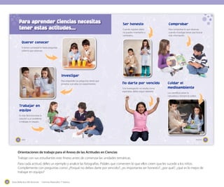 Guía didáctica del docente - Ciencias Naturales 1º básico24
Orientaciones de trabajo para el Anexo de las Actitudes en Ciencias
Trabaje con sus estudiantes este Anexo antes de comenzar las unidades temáticas.
Para cada actitud, déles un ejemplo y analice las fotografías. Pídales que comenten lo que ellos creen que les sucede a los niños.
Complemente con preguntas como: ¿Porqué no debes darte por vencido?, ¿es importante ser honesto?, ¿por qué?, ¿qué es lo mejor de
trabajar en equipo?
8
Querer conocer
Si tienes curiosidad te harás preguntas
sobre lo que observas.
Trabajar en
equipo
Es más fácil encontrar la
solución a un problema
si trabajas en equipo.
Investigar
Para responder tus preguntas tienes que
ponerlas a prueba con experimentos.
Es más fácil encontrar laEs más fácil encontrar la
solución a un problema
_seis
Para aprender Ciencias necesitas
tener estas actitudes…
9
Ser honesto
Cuando registres datos
no puedes inventarlos o
cambiarlos.
No darte por vencido
Si la investigación no resulta como
esperabas, debes seguir adelante.
Cuidar el
medioambiente
Los científicos aman la
naturaleza y siempre la cuidan.
Comprobar
Para comprobar lo que observas
cuando investigas tienes que buscar
más información.
nueve
 