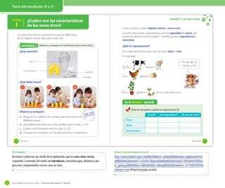 Guía didáctica del docente – Ciencias Naturales 1º básico32
Texto del estudiante 16 y 17
Unidad 1: Los seres vivos
En la lección 1 aprendí
Pinta el recuadro cuando la respuesta es SÍ.
Como ya sabes, existen objetos inertes y seres vivos.
Los seres vivos tienen características como la capacidad de crecer, que
acabas de observar en la Actividad 1. También pueden reproducirse y
reaccionar.
¿Qué es reproducirse?
Es la capacidad de los seres vivos de tener hijos o crías.
Por ejemplo:
D_e _las nacen .
Las _ponen .
Las generan para _reproducirse.
¿Crece? ¿Se reproduce? ¿Es un ser vivo?
Perro
Mesa
Ser humano
Yo nací de mi
mamá, ¿y tú?
17_diecisiete
Lección
1
¿Cuáles son las características
de los seres vivos?
Observo y comparo el crecimiento de los seres vivosObservo y comparo el crecimiento de los seres vivosActividad 2Actividad 1
¿Qué necesito?
¿Qué debo hacer?
Observo y comparo
a. Dibuja en tu cuaderno los cambios que observes en los
diferentes vasos.
b. ¿Qué diferencias observas en las semillas entre los días 1 y 10?
c. ¿Cuánto creció la planta entre los días 5 y 10?
d. Compara tus resultados con los del resto de tus compañeros.
Los seres vivos tienen características que los diferencian
de los objetos inertes. Descubre cuáles son.
1 2 3
semillas
3 vasos plásticos
algodón
agua
16 _dieciseis
OA trabajado: 1
Reconocer y observar, por medio de la exploración, que los seres vivos crecen,
responden a estímulos del medio, se reproducen y necesitan agua, alimento y aire
para vivir, comparándolos con las cosas no vivas.
Recursos web para apoyar la lección
http://www.madrid.org/cs/Satellite?blobcol=urldata&blobheader=application%2F
pdf&blobheadername1=Content-Disposition&blobheadervalue1=filename%3DDosi
er_granja.pdf&blobkey=id&blobtable=MungoBlobs&blobwhere=1271640128593&
ssbinary=true (Proyecto granja escuela).
 