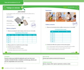 Guía didáctica del docente – Ciencias Naturales 1º básico38
Texto del estudiante 22 y 23
Trabajo en ciencias
¿Con o sin luz?
En este trabajo podrás averiguar qué más necesitan las plantas para su
crecimiento.
¿Qué necesito?
2. Dibuja y pinta en tu cuaderno las cuatro arvejas.
3. Conversa con tus compañeros.
a. ¿Existen diferencias entre las arvejas?
b. ¿Tendrán diferencias al crecer? ¡Compruébalo!
Observo y pregunto
1. Observa con atención cuatro arvejas y marca con un ✔ en la tabla.
media taza de arvejas
tierra de hojas
cajas de huevos
o recipiente plástico
agua
Arveja Dura Blanda Suave Áspera Brillante Opaca
1
2
3
4
caja de cartón
Características de las arvejas
22 veintidós
Unidad 1: Los seres vivos
Analizo y comunico
1. Observa el crecimiento de las semillas y marca con un ✔ en la tabla.
Crecimiento de las arvejas
Día A B
3
5
7
9
11
13
2. Compara las tablas de tu grupo con las de otros grupos.
a. ¿En cuál recipiente observaste primero el desarrollo de las semillas?
b. ¿En cuál recipiente crecieron más las plantas de arvejas?
c. ¿A qué se debe la diferencia de tamaños?
Experimento
1 2 3
23veintitrés
OA trabajado 1
Reconocer y observar, por medio de la exploración, que los seres vivos crecen,
responden a estímulos del medio, se reproducen y necesitan agua, alimento y aire
para vivir, comparándolos con las cosas no vivas.
Objetivo del taller
Reconocer que las plantas necesitan luz del sol para vivir.
Habilidades desarrolladas
Observar, comparar, inferir, registrar, experimentar, comentar, concluir.
 