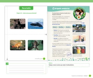 Sugerencias metodológicas - Unidad 1 65
Página 32 – ¿Qué estoy aprendiendo?
_cincuenta y _uno
Recortable
51
Brigada ambiental
Te presentamos el primer desafío de tu
Brigada ambiental.
Recorta de la página 157 y construye tu
propia insignia de la Brigada. Ahora,
a trabajar.
Has aprendido que contaminar daña el ambiente de los seres vivos.
Entonces, para cuidar nuestro medioambiente trabajaremos con la regla
de las tres erres:
Reducir Reutilizar Reciclar
· Reducir: Disminuye la cantidad de
recursos que utilizas y la cantidad de
basura que generas.
· Reutilizar: Dale un nuevo uso a algo
que ibas a botar a la basura.
· Reciclar: Se utilizan los desechos
como materiales para producir nuevos
productos.
El primer desafío será dar a conocer a otros
compañeros nuevas formas de reducir la
basura.
Organícense en grupos y con ayuda de
su profesor, dibujen en cartulinas afiches
sobre cómo reducir nuestros
desechos. De preferencia
utilicen cartulinas que ya fueron
usadas por uno de sus lados.
53_cincuenta y _tres
Trasladarse en bicicleta reduce el
consumo de combustible.
Construir juguetes con materiales
de desecho.
Para reciclar es necesario
organizar nuestra basura.
Objetivos
Trabajar y conocer acciones que cuidan el medioambiente..
 