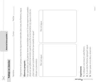 Nombre:Curso:Fecha:
Organícenseenparejasyreúnanlossiguientesmateriales:dosrosas,dosflorerosyagua.
Observoypregunto
Hanaprendidoquelasplantastienennecesidadesparavivir.Enesteexperimentopodrán
observarquédiferenciasexistencuandoaunaflorselamantieneconaguayaotrano.
¿Quécreenquesucederáconlaflorquequedasinagua?
Dibujensupronóstico.
Experimento
1.Coloquenunarosaencadaflorero.
2.Aunodelosflorerosagreguenagua.
3.Dejenpasarcincodíasyobserven.
Materialfotocopiable1
Trabajoenciencias
FlorconaguaFlorsinagua
Materialfotocopiable
Unidad1
 