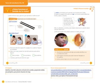 Guía didáctica del docente – Ciencias Naturales 1º básico78
OA 6
Lección
1
¿Cómo funciona el
sentido de la visión?
Experimento con mi sentido de la visiónActividad 2Actividad 1
¿Qué necesito?
¿Qué debo hacer?
1 2
a. Recorta la tabla de la página 87 y pégala en tu cuaderno. Registra
los resultados.
b. Marca con un ✔. ¿Cuándo fue más fácil juntar las puntas de los
lápices?
Ojos cerrados. Un ojo abierto. Ojos abiertos.
c. Comenta: ¿Qué función tienen los ojos?
Cuando cierras tus ojos, ¿qué ves?, ¿por qué todo se vuelve oscuro?
2 parches 2 lápices
del mismo
tamaño
58 _cincuenta y _ocho
Unidad 2: Nuestros sentidos
En la lección 1 aprendí
1. Nombra tres características de algo que puedas identificar con
tu sentido de la visión.
2. ¿Qué órganos necesitas para poder observar? Dibújalos en
tu cuaderno.
3. ¿Cómo vemos mejor, con uno o con dos ojos?
La visión es el sentido que te permite ver el mundo que te rodea.
El órgano encargado de la visión es el ojo. Con la vista, puedes diferenciar
formas, colores y tamaños.
Mira a tu alrededor y comenta: ¿Qué objetos observas en tu sala de clases?,
¿de qué colores son?
¿Crees que puedes evitar peligros gracias a tu visión?, ¿por qué?
Los párpados, las
pestañas y las cejas
sirven para proteger
los ojos de la luz del
sol y del polvo.
Ojo
59_cincuenta y _nueve
Texto del estudiante 58 y 59
OA trabajado 6:
Identificar y describir la ubicación y la función de los sentidos, proponiendo medidas
para protegerlos y para prevenir situaciones de riesgo.
Recursos web para apoyar la lección
www.juntadeandalucia.es/averroes/loreto/sugerencias.html y www.juntadeandalucia.
es/averroes/carambolo/WEB%20JCLIC2/Agrega/Medio/El%20cuerpo%20humano/
Los%20sentidos/contenido/cm008_oa01_es/index.html.
(prácticos videos, que explican el funcionamiento del ojo).
 