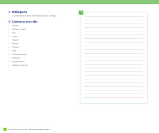 Bibliografía
•	

Conama (2009). Especies Amenazadas de Chile. Santiago

	 Conceptos centrales
•	
•	

Océanos y mares

•	

Ríos

•	

Lagos

•	

Desierto

•	

Bosque

•	

Trópicos

•	

Polo

•	

Hábitats extremos

•	

Alteración

•	

Contaminación

•	

100

Hábitat

Peligro de extinción

Guía didáctica del docente – Ciencias Naturales 2º básico

 