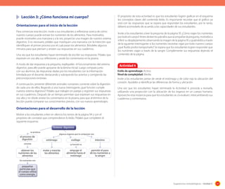 Lección	3:	¿Cómo	funciona	mi	cuerpo?

El propósito de esta actividad es que los estudiantes logren graficar en el esquema
los conceptos claves del contenido leído. Es importante recordar que el gráfico ya
está con las respuestas que se espera que respondan los estudiantes, por lo tanto,
deberá acomodarlo de acuerdo a las capacidades de sus estudiantes.

Orientaciones	para	el	inicio	de	la	lección	
Para comenzar esta lección, invite a sus estudiantes a reﬂexionar acerca de cómo
nuestro cuerpo puede extraer los nutrientes de los alimentos. Para motivarlos,
puede mostrarles una manzana y a la vez, proyectar una imagen de nuestro sistema
digestivo. Si es necesario, pídales que mastiquen una manzana con la intención que
identiﬁquen el primer proceso por el cual pasan los alimentos. Bríndeles algunos
minutos para que piensen y anoten sus respuestas en sus cuadernos.
Una vez que los estudiantes hayan terminado de escribir sus respuestas. Pídales que
expresen en voz alta sus reﬂexiones y anote los comentarios en la pizarra.
A modo de dar respuesta a la pregunta, explíqueles el funcionamiento del sistema
digestivo, para ello puede apoyarse de la lámina inicial. Luego compare junto
con sus alumnos, las respuestas dadas por los estudiantes con la información
brindada por el docente, destacando y subrayando los aciertos y corrigiendo las
preconcepciones erróneas.
A continuación, presente diferentes animales rumiantes comente sobre la digestión
de cada uno de ellos, llegando a una nueva interrogante ¿qué función cumple
nuestra sistema digestivo? Pídales que trabajen en parejas y registren sus respuestas
en sus cuadernos. Después de un tiempo permitan que expresen sus respuestas en
voz alta y no olvide anotar los comentarios en la pizarra, para que al término de la
lección pueda comparar sus conocimientos previos, con sus nuevos aprendizajes.

Invite a los estudiantes a leer la pregunta de la página 95 ¿Cómo viajan los nutrientes
por todo el cuerpo? Antes de leer los párrafos que acompañan la pregunta, motívelos a
inferir su desplazamiento observando la imagen de la página 95 y guiándolos a través
de la siguiente interrogante: si los nutrientes necesitas viajar por todo nuestro cuerpo
¿qué fluído podrá transportarlo? Se espera que los estudiantes logren responder que
los nutrientes viajan a través de la sangre. Complemente sus respuestas leyendo el
contenido de la página.

Actividad 4
Estilo de aprendizaje: Activo.
Nivel de complejidad: Media.
Invite a los estudiantes pintar de verde el estómago y de color rojo la ubicación del
corazón. Ayúdeles a identificar las diferencias de forma y ubicación.
Una vez que los estudiantes hayan terminado la Actividad 4, proceda a revisarla,
utilizando una proyección con la ubicación de los órganos en un cuerpo humano.
Aproveche esta instancia para que los estudiantes se co-evaluen, intercambiando sus
cuadernos y comentarios.

Orientaciones	para	el	desarrollo	de	la	lección
Motive a los estudiantes a leer en silencio los textos de la página 94 y con el
propósito de constatar que comprendieron lo leído. Pídales que completen el
siguiente esquema:
Sistema digestivo
se produce

el proceso de
digestión

algunos órganos que lo componen son

estómago

consiste

obtener los
nutrientes de los
alimentos

esófago

intestino

su función es

moler y mezclar
los alimentos

empujar el
alimento hasta el
estómago

permitir el paso
de los nutrientes a
la sangre

los nutrientes son

pequeñas
partículas que
el cuerpo utiliza
como energía.
Sugerencias metodológicas - Unidad 3

117

 