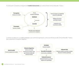 A continuación se presenta un diagrama del modelo instruccional que sustenta el texto Ciencias Naturales 1º básico:

Proceso
enseñanza-aprendizaje

Prerrequisitos
Conductas de entrada

Conocer los logros en el aprendizaje
y detectar las dificultades

Habilidades
Reflexión acerca de los
aprendizajes logrados

al servicio del

Compromiso con el
conocimiento científico

Contenido
Preconceptos
(correctos o errados)
Conectado con las experiencias
y contextos de los estudiantes

Lo anterior se traduce en un modelo pedagógico que sustenta la organización y estructura del texto escolar Ciencias Naturales 1º básico,
que se presenta en el siguiente diagrama:

Inicio de unidad
Presenta el propósito de la unidad

Evaluación diagnóstica
Conductas de entrada
Permite que los alumnos sepan
qué necesitan recordar para
comenzar la lección

Actividades
Evaluación implícita
Desarrollo de contenidos
Conocimientos y habilidades
Evaluación de proceso
Evaluación formativa, que mide el
progreso de los aprendizajes

12

Guía didáctica del docente - Ciencias Naturales 2º básico

Evaluación final
Evaluación sumativa, que mide el resultado
del proceso enseñanza aprendizaje

 