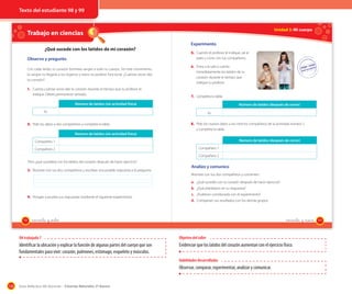 Texto del estudiante 98 y 99

Trabajo en ciencias

Unidad 3: Mi cuerpo
OA 7

¿Qué sucede con los latidos de mi corazón?

Experimento
5. Cuando el profesor te indique, sal al
patio y corre con tus compañeros.

Observo y pregunto
Con cada latido, tu corazón bombea sangre a todo tu cuerpo. Sin este movimiento,
la sangre no llegaría a los órganos y estos no podrían funcionar. ¿Cuántas veces late
tu corazón?

6. Entra a la sala y cuenta
inmediatamente los latidos de tu
corazón durante el tiempo que
indique tu profesor.

1. Cuenta cuántas veces late tu corazón durante el tiempo que tu profesor te
indique. Debes permanecer sentado.

7. Completa la tabla.

Número de latidos (sin actividad física)

Número de latidos (después de correr)

Yo

Yo

2. Pide los datos a dos compañeros y completa la tabla.

8. Pide los nuevos datos a los mismos compañeros de la actividad número 2
y completa la tabla.

Número de latidos (sin actividad física)
Número de latidos (después de correr)

Compañero 1
Compañero 2

Compañero 1
Compañero 2

Pero ¿qué sucederá con los latidos del corazón después de hacer ejercicio?

3. Reúnete con tus dos compañeros y escriban una posible respuesta a la pregunta.

Analizo y comunico
Reúnete con tus dos compañeros y comenten.
a. ¿Qué sucedió con tu corazón después de hacer ejercicio?
b. ¿Qué plantearon en su respuesta?

4. Pongan a prueba sus respuestas mediante el siguiente experimento.

98

c. ¿Pudieron corroborarla con el experimento?
d. Compartan sus resultados con los demás grupos.

noventa y _ocho

noventa y nueve

OA trabajado 7

Objetivo del taller

Identificar la ubicación y explicar la función de algunas partes del cuerpo que son
fundamentales para vivir: corazón, pulmones, estómago, esqueleto y músculos.

Evidenciar que los latidos del corazón aumentan con el ejercicio físico.
Habilidades desarrolladas

Observar, comparar, experimentar, analizar y comunicar.
120

Guía didáctica del docente – Ciencias Naturales 2º básico

99

 