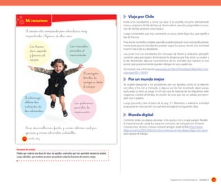 Viajo	por	Chile

Mi resumen
El _cuerpo _está _compuesto _por _estructuras muy
_importantes. Algunas _de _ellas _son:
Los _huesos:
_dan _soporte
y _forma _al
_cuerpo.

Los músculos:
_permiten _el
movimiento.

El _corazón:
_bombea _la
_sangre _a _todo
_el _cuerpo.
El _estómago:
_obtiene _los
nutrientes _de
_los _alimentos.

Los _pulmones:
_permiten _la
_respiración.

P_ara _desarrollarnos _fuertes y _sanos _debemos _realizar
_ejercicio y _comer _alimentos _saludables.
110

Invite a los estudiantes a cerrar sus ojos. Si es posible, escuche atentamente
música originaria de Isla de Pascua. Terminada la canción, pregúnteles si conocen de dónde proviene esta música.
Luego coménteles que hoy conocerán un poco sobre Rapa Nui, que significa
Isla de Pascua.
Para iniciar motívelos a bailar, para ello puede preparar una coreografía previamente para que los estudiantes puedan seguir los pasos, siendo una actividad
mucho más lúdica y desafiante.
Lea, junto con sus estudiantes los mensajes de Monti y ubíquelos geográficamente para que logren dimensionar la distancia que hay entre su ciudad y
la isla. Nómbreles algunas características de los animales que habitan en ese
sector, que posteriormente pueden dibujan en sus cuadernos.
Encontrará más información www.educarchile.cl/Portal.Base/Web/VerConte
nido.aspx?ID=130459

	 Por	un	mundo	mejor
Se sugiere preguntar a los estudiantes por sus abuelos, cómo es la relación
con ellos, si los ven a menudo, si alguna vez les han enseñado algún juego,
qué juego y cómo se juega. En el caso que la mayoría de las respuestas sean
negativas, cambie al familiar, sin perder de vista que sea un adulto, por ejemplos: tíos o padres.
Luego proceda a leer el texto de la pág. 111. Motívelos a realizar la actividad
propuesta en esta sección, la cual será revisada en la siguiente clase.

	 Mundo	digital
Comente sobre sus plazas cercanas, si les gusta o no ir, a qué juegan. Resalte
la importancia de cuidar los espacios comunes, de compartir en el barrio,
conocer a los vecinos, incluso conocer amigos. Visite el link http://www.
eligevivirsano.cl/2012/06/22/como-entrenar-en-las-plazas-elige-vivir-sano/
para apoyar el trabajo.

_ciento _diez

Resumen de unidad
Pídales que realicen una lluvia de ideas de aquellos contenidos que han aprendido durante la unidad,
Luego solicíteles, que nombren acciones que podrían cuidar las funciones de nuestro cuerpo.

Sugerencias metodológicas - Unidad 3

131

 